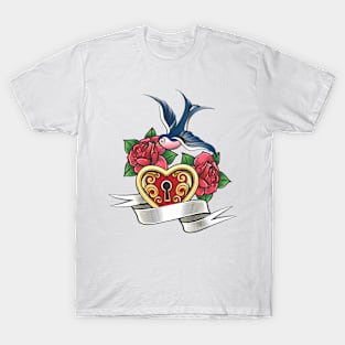 Swallow with Rose and Heart Tattoo T-Shirt